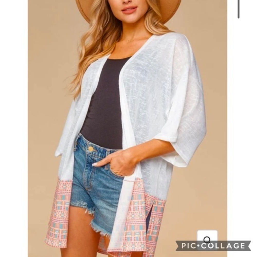 Haptics Holly Harper Duster White Open Front Tribal Contrast Hem Kimono M Boho